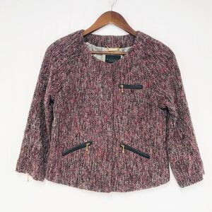 SANCTUARY Crop Boucle Tweed Blazer Jacket 3/4 Sleeve‎ Red Gray Size Medium New